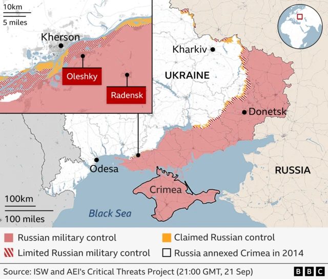 显示俄罗斯占领下乌克兰境内奥列什基（Oleshky）和拉登斯克（Radensk）位置的地图。由乌克兰控制的赫尔松市（Kherson）位于奥列什基和拉登斯克以北，隔河相望。
