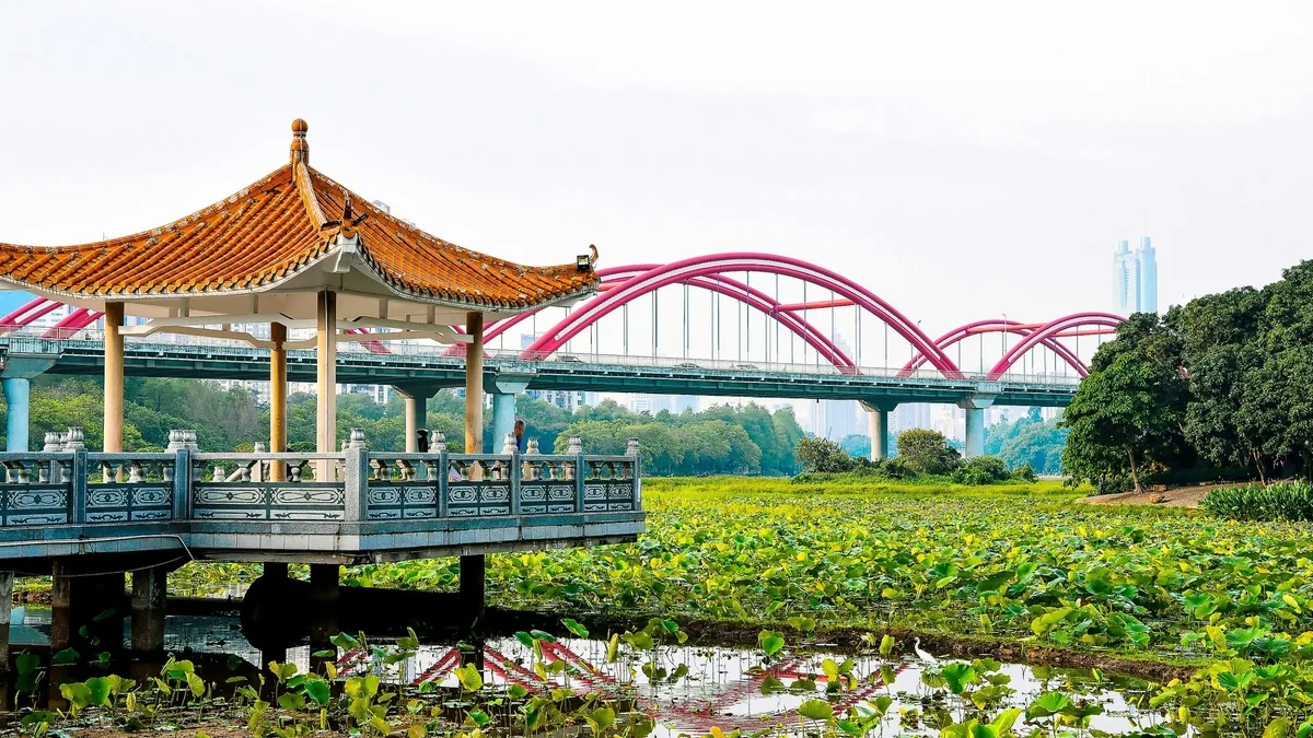 新皇岗口岸|7号线精选8大景点 华强北寻宝洪湖公园赏落羽杉 6 洪湖公園綠化率達95%,芙蓉亭、晨曦亭等亭台點綴湖面,南區的紅蓮、落羽杉與白鷺構成「三棲畫廊」。(洪湖公園)