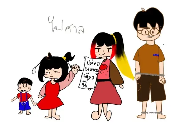 阿农的女儿画了一幅名为“前往法庭”的画作，描绘她的家人。画中的母亲拿着写有“释放我的爸爸”的标语牌。