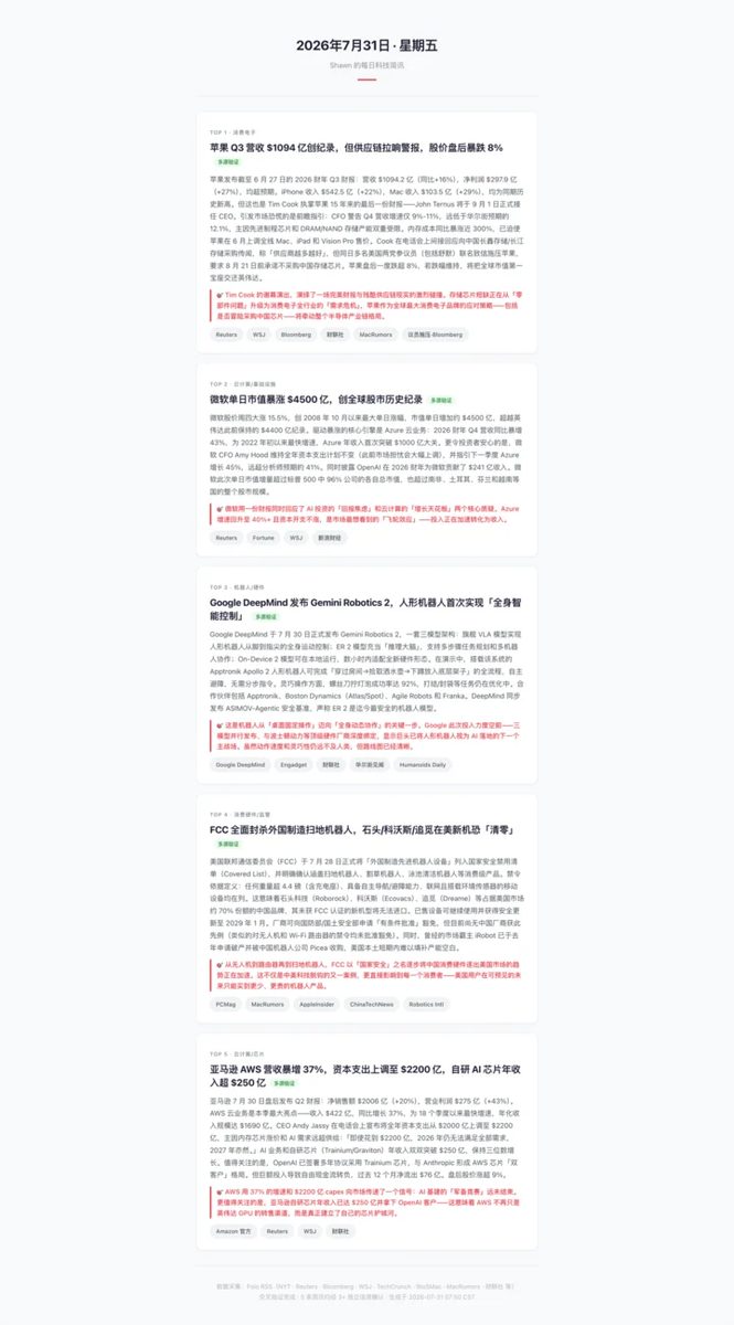 用161个RSS订阅源训练AI主编 自动筛选每日科技要闻 9 0c2eddf0446a52685e3ac705ea0c6cc0e8ce9aa7175a96764558e4b7b9417f5f article