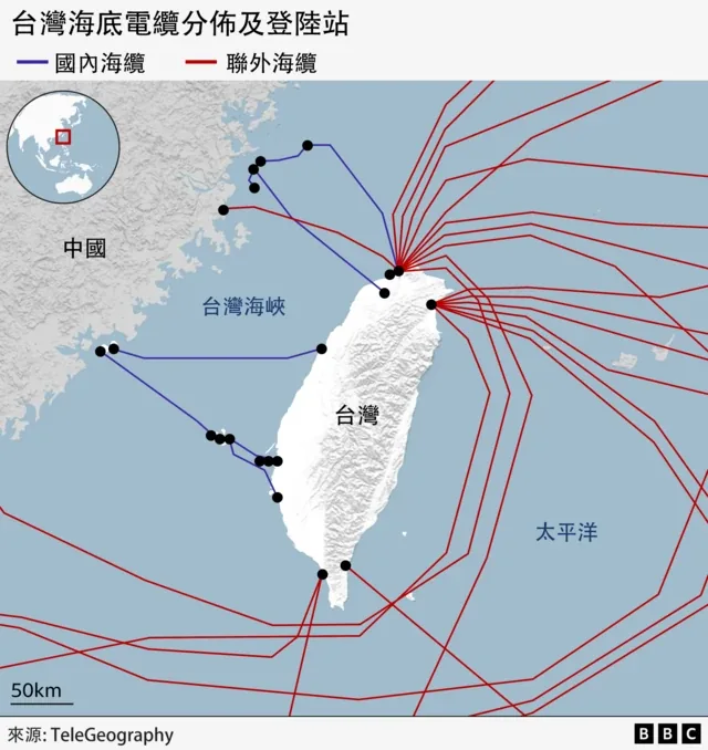 中国民兵船首次被发现在台湾东部海域活动 意欲何为 6 地图:台湾海缆线路