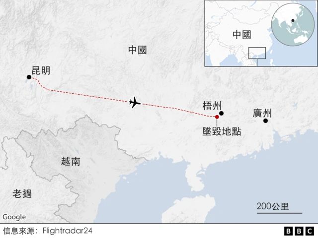 地图：东航MU5735客机飞行轨迹与坠毁地点