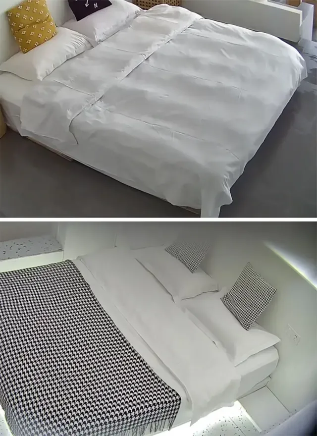 BBC调查记者订阅的酒店房间直播串流截屏，其中两间酒店房间的状况能从隐蔽镜头中清晰可见