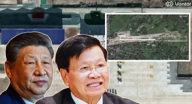 设计图片：班根机场的卫星影像（右上与底图）、习近平（左下）与通伦（中下）