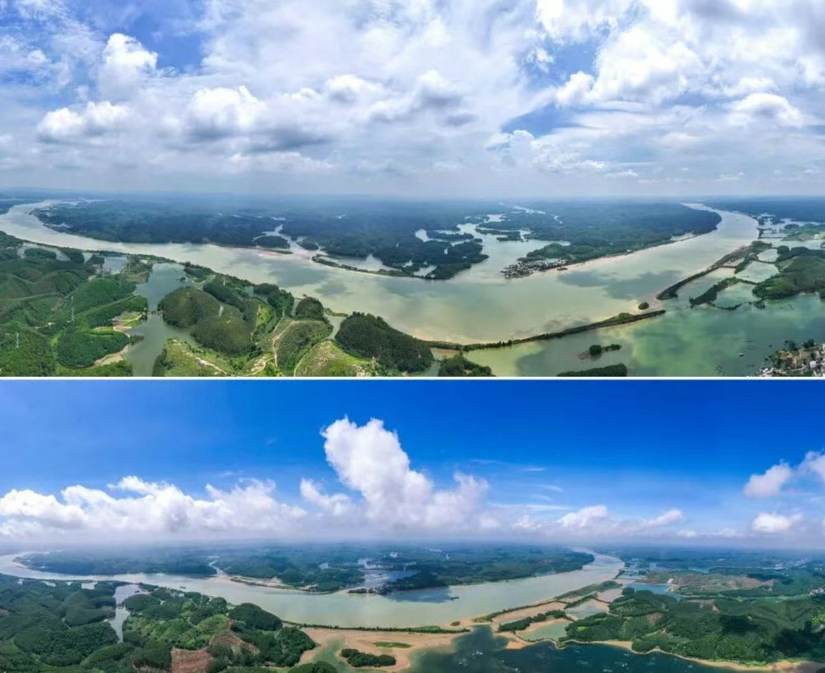 上下兩圖分別爲2026年8月18日和2022年8月27日拍攝的平陸運河起點平塘江口和鬱江江段。（新華社）