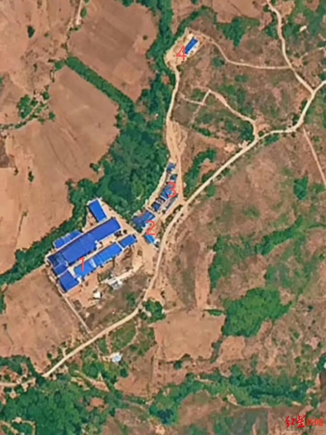 劉修洪姐姐提供的電詐園區衛星圖，劉修洪確認，他曾被關在標數字4的房屋內。（紅星新聞）