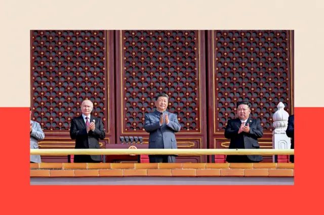 中国北京天安门，朝鲜领导人金正恩、俄罗斯总统普京及中国国家主席习近平出席纪念第二次世界大战结束80周年阅兵仪式（3/9/2025）