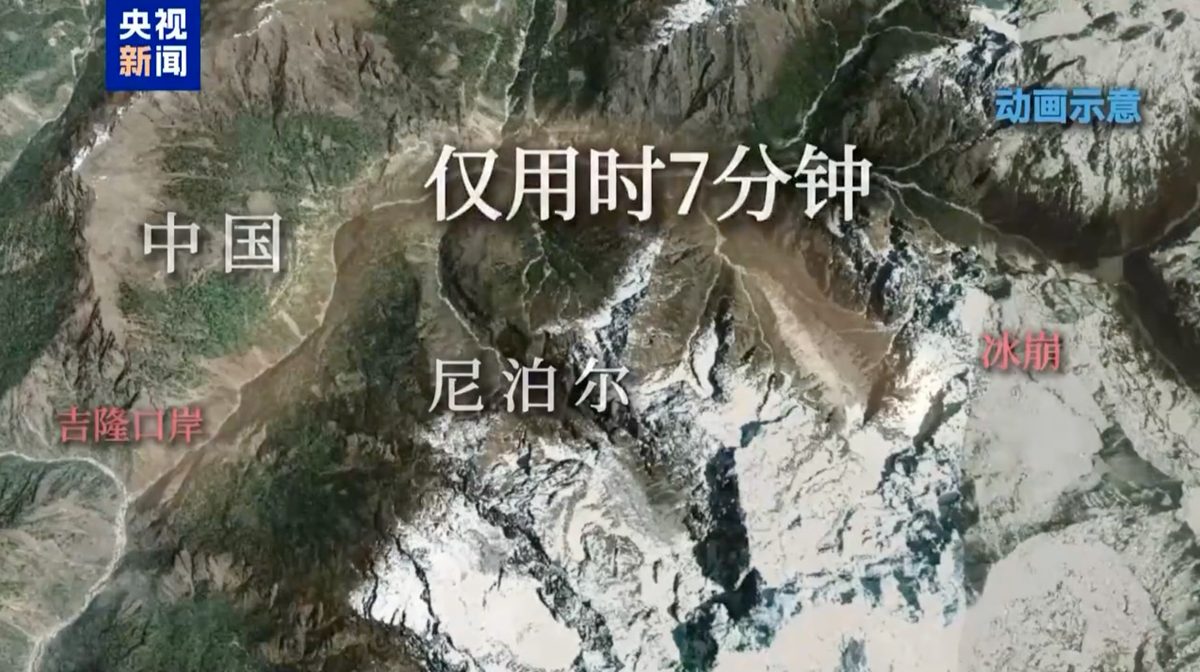 央視用動畫演示西藏高速泥石流的成因和破壞力。（影片截圖）