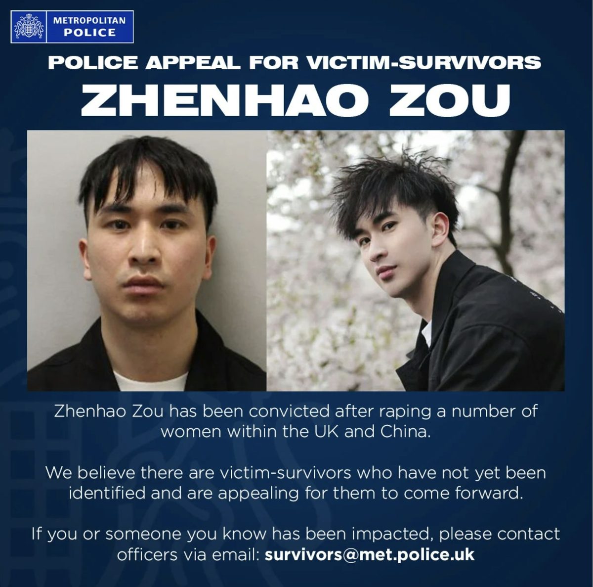 中国留英博士生迷奸案再多5女指控 已判终身监禁恐再遭起诉加刑 1 中國博士生鄒鎮豪(Zhenhao Zou)因在2019年到2024年間在英國和中國強姦10名女性,於3月5日被判11宗強姦罪罪成,審訊結束後,倫敦警察廳希望透過公開呼籲尋獲更多被鄒鎮豪侵犯的受害者。(倫敦警察廳)