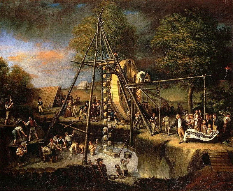 1806年。查爾斯·威爾遜·皮爾畫作「挖掘第一頭美洲乳齒象」。(維基公共領域)