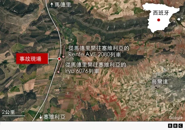 西班牙列车相撞至少64死:我们目前已知甚么? 4 卫星图片显示西班牙托莱多省乌尔达附近的高速铁路路段,以红点标示两列列车相撞的事故现场。两列列车分别为Renfe AVE 2080及Iryo 6076,均由马德里开往塞维利亚。粉红色箭头标示两列列车由北向南的行驶方向。右上角的西班牙地图以红点标示事故的大概位置。