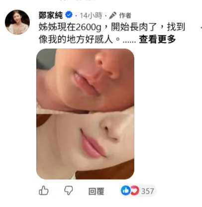 郑家纯双胞胎妹妹出院 一家四口台风天团圆 2 ▲▼鄭家純雙胞胎么女出院!一家四口颱風天團圓。(圖/翻攝自臉書)