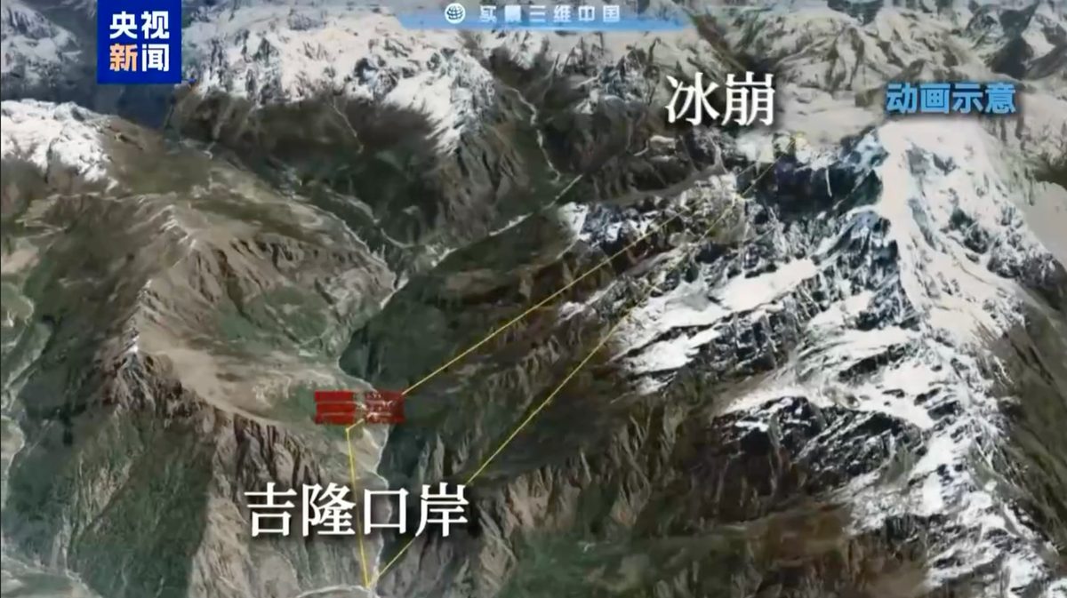央視用動畫演示西藏高速泥石流的成因和破壞力。（影片截圖）