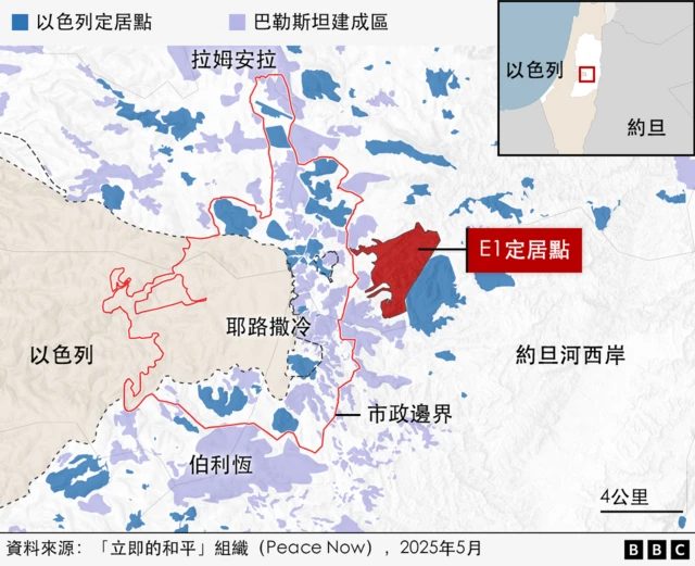 这张地图展示了耶路撒冷周边约旦河西岸地区的以色列定居点与巴勒斯坦建成区，其中 E1 定居点以红色标示。其他以色列定居点以蓝色标示，巴勒斯坦区域则以浅紫色标示。耶路撒冷的市政边界以红线勾勒。附图展示了该区域在以色列和约旦境内的地理位置。