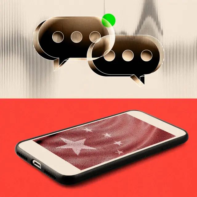 中国开始打击AI恋爱关系,是过度干预还是先见之明? 1 经处理的图片:上半部分显示聊天对话气泡,下半部分显示一部智能手机,萤幕上显示中国国旗。