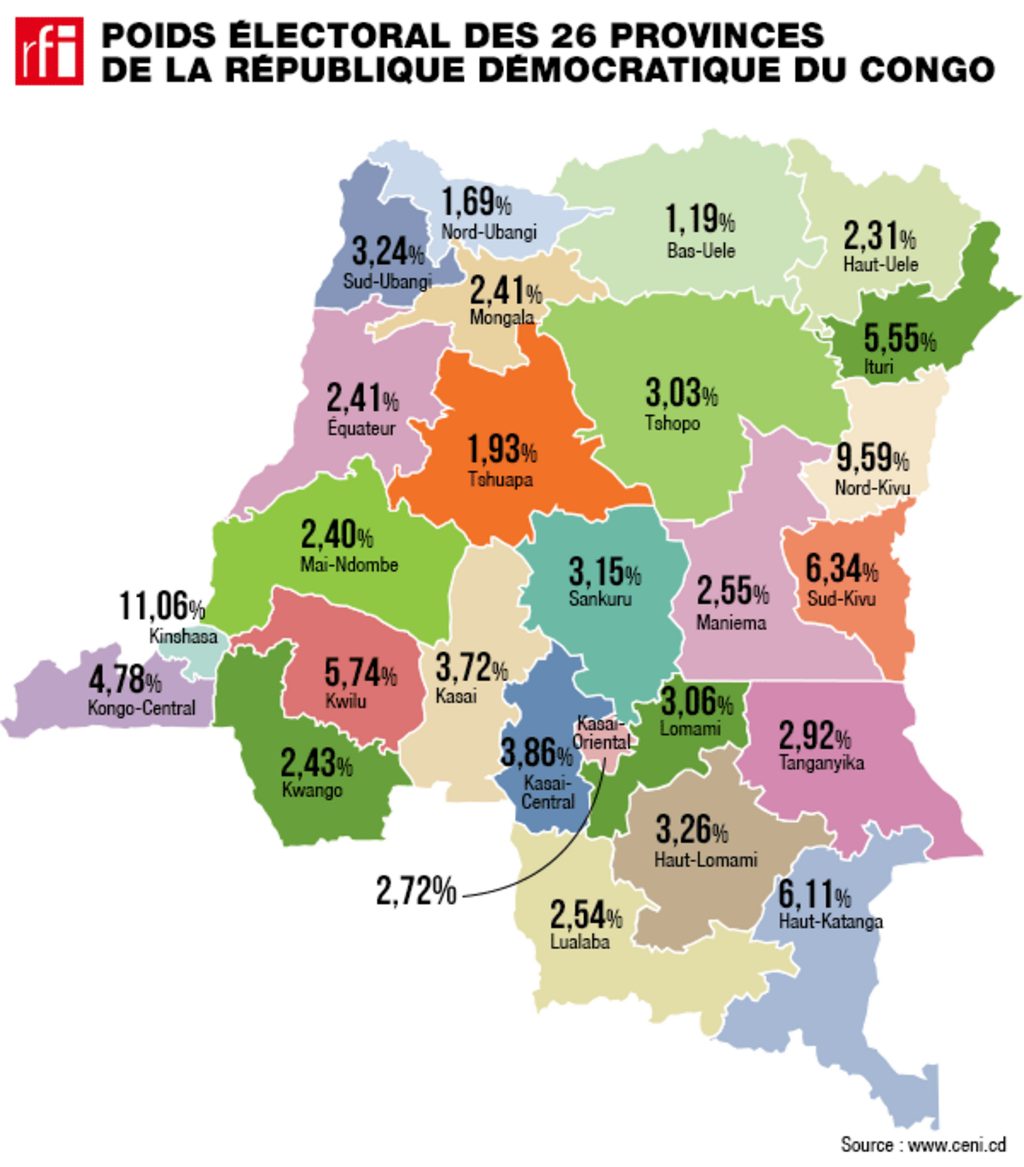 存档地图 / 非洲 - 刚果（金）全国26省行政图。
RFI Carte / Afrique - RD Congo : Direction générale des impôts (DGI) pense à élargir l'assiette fiscale par le recensement. Ici, une carte du poids électoral des 26 provinces du pays. (illustration)