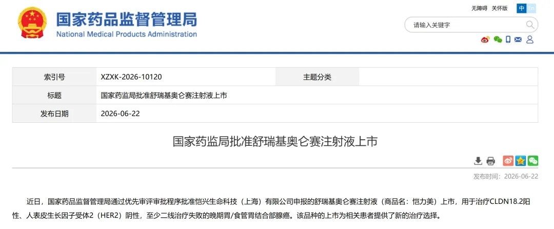 今年6月，國家藥監局（NMPA）網站顯示，科濟藥業的CLDN18.2 CAR-T療法舒瑞基奧侖賽（商品名：愷力美）獲批上市。（國家藥品監督管理局）