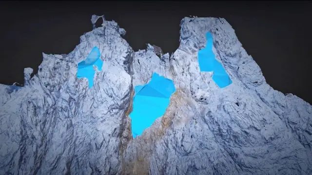 Project Pressure制作的山脉3D影像，浅蓝色标示区域显示冰层曾经覆盖的位置。
