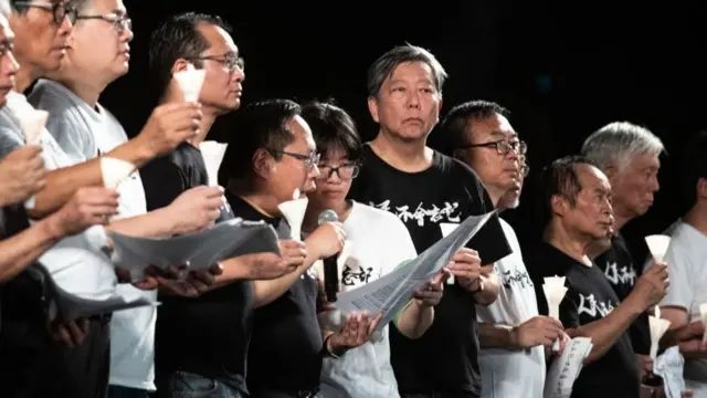2019年6月4日，支联会的六四悼念晚会，图中为何俊仁、邹幸彤及李卓人。