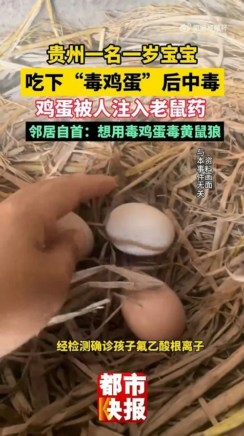 10月14日，貴州貴陽顏先生髮文稱自己1歲的寶寶食用的雞蛋裏被人注射老鼠藥投毒。事後，顏先生50歲的鄰居胡某投案自首。胡某辯稱是想下毒給黃鼠狼，不願意承擔7萬多元醫藥費。（微博@大河報）