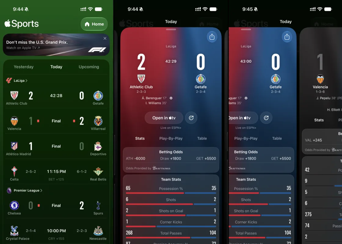 Apple Sports:只看比赛本身,争论等有兴趣再去别处看 9 比赛进行时的实时比分卡片与轻扫切换