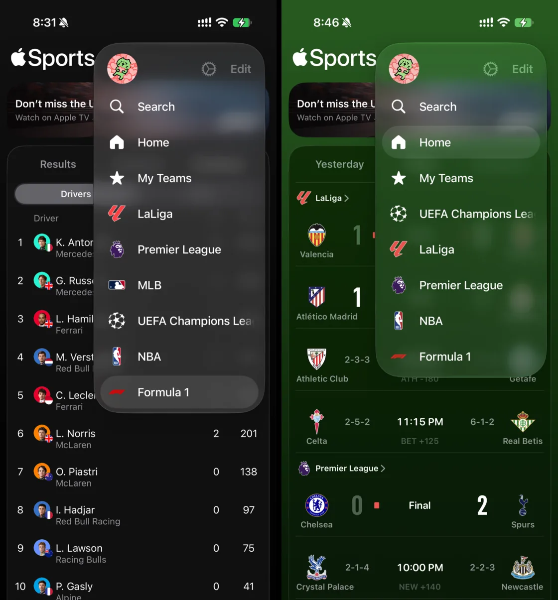 Apple Sports:只看比赛本身,争论等有兴趣再去别处看 3 右上角功能菜单切换主页与已关注赛事