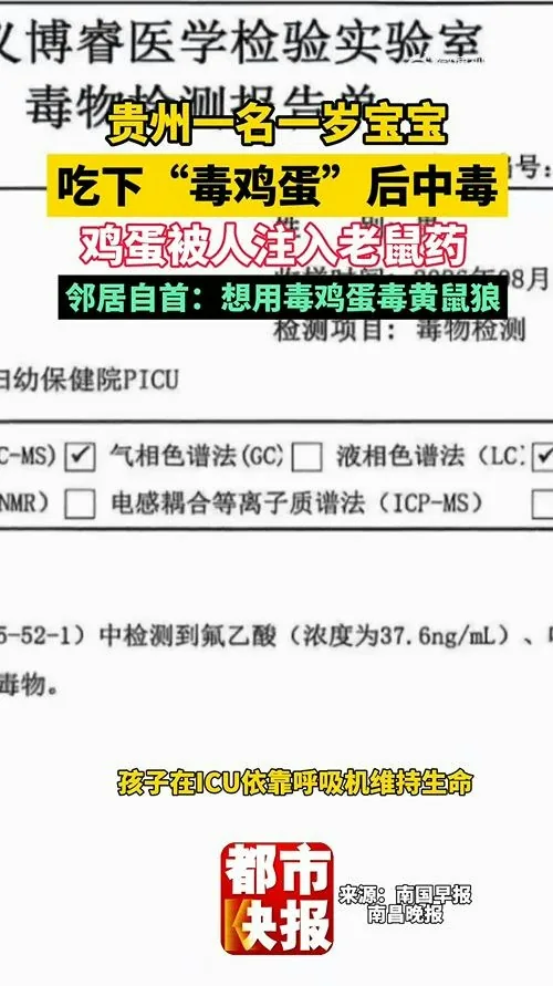 10月14日，貴州貴陽顏先生髮文稱自己1歲的寶寶食用的雞蛋裏被人注射老鼠藥投毒。事後，顏先生50歲的鄰居胡某投案自首。胡某辯稱是想下毒給黃鼠狼，不願意承擔7萬多元醫藥費。（微博@大河報）