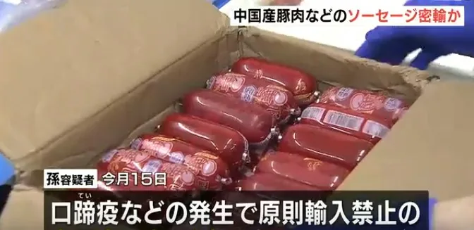 日本大阪府警方2026年10月拘捕一名涉嫌走私21.75公斤肉腸入境日本的47歲中國籍女子，她把商品放進行李與背包中（影片截圖）