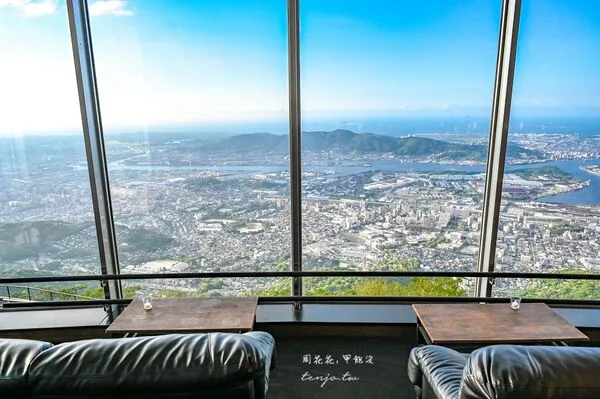 ▲▼日本北九州皿倉山展望台餐廳天宮的景觀座位、夕陽美景與餐點。（圖／《周花花》授權提供）