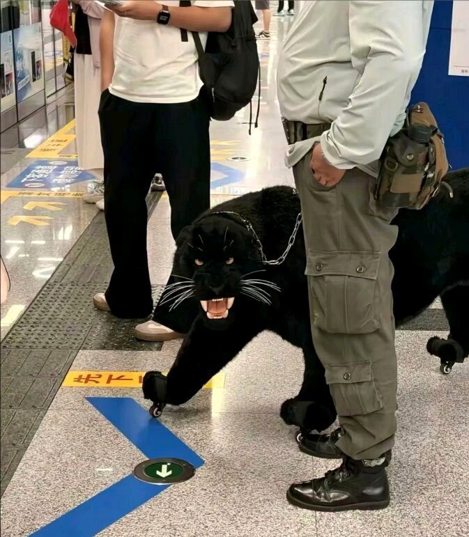 济南地铁站里有乘客牵着“黑豹” 原来是装着轮子的行李箱
