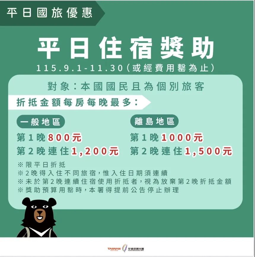 20260820-「平日住宿」活動將於2026年9月1日至11月30日實施，適用周日至周四入住參加活動的合法旅宿。（交通部觀光署提供）