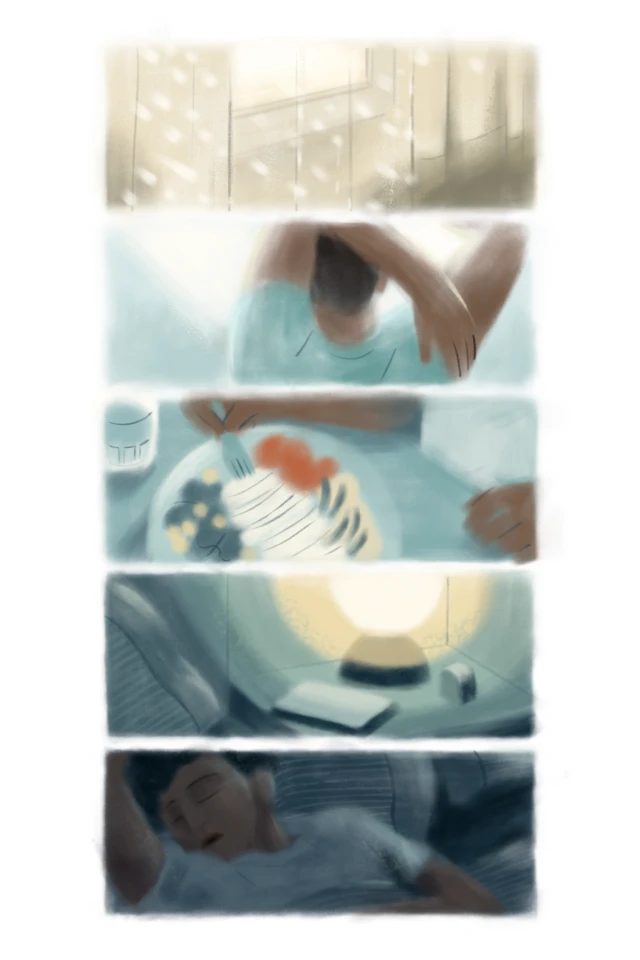 五幅插图展示黑尔（Alanna Hare）建议的不同睡眠改善方法。