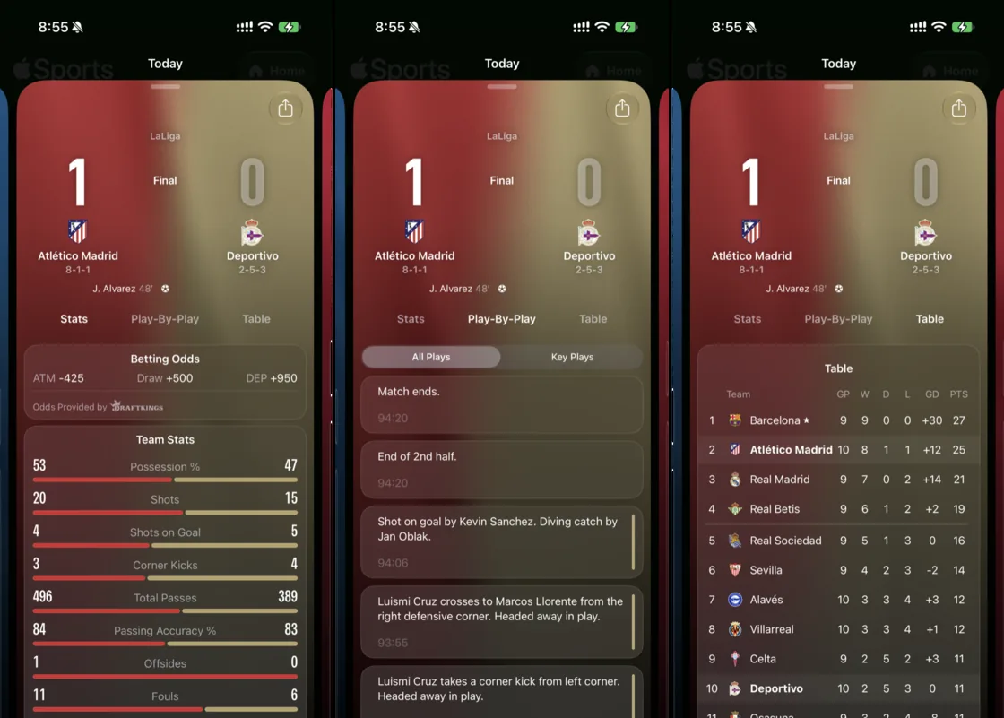 Apple Sports:只看比赛本身,争论等有兴趣再去别处看 5 单场比赛的技术统计、逐回合记录与实时积分榜