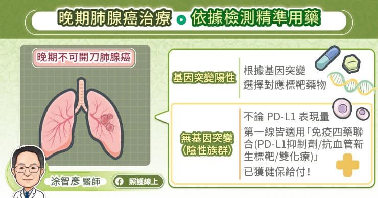 无标靶药也能逆转胜!晚期肺腺癌迎「免疫四药联合」新曙光,名医解析存活关键 1 晚期肺腺癌治療