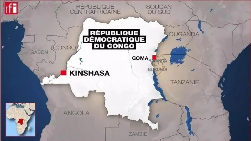 非洲 / 刚果（金）：金沙萨和戈马的位置。
Afrique / RD Congo : les localisations de Kinshasa et Goma.