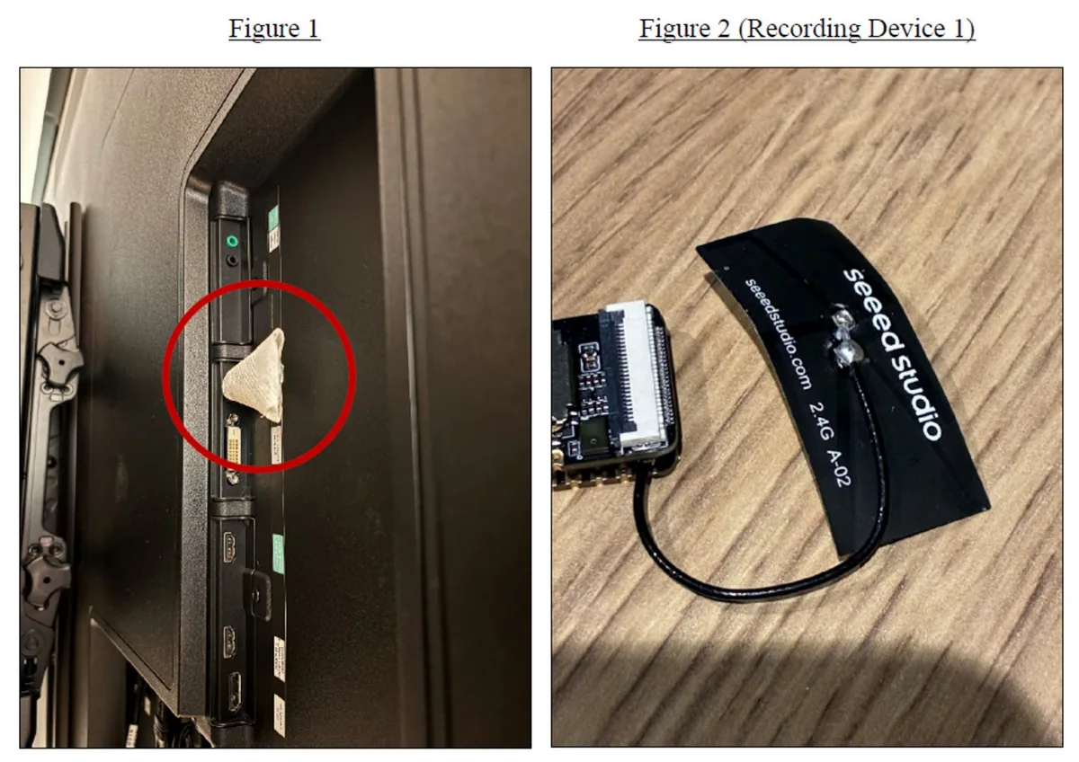 起诉书附图：插在会议室电视背后USB接口上、用卫生纸包着的录音设备（左）和设备本身（右）