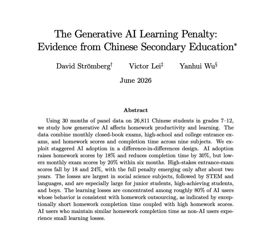 生成式AI学习惩罚研究:长期使用导致中学生成绩下降 1 e9fcd45f503d016f6da2b0f738e0324d6e3253bb737a2e8e97714f4ca69cd1ed article