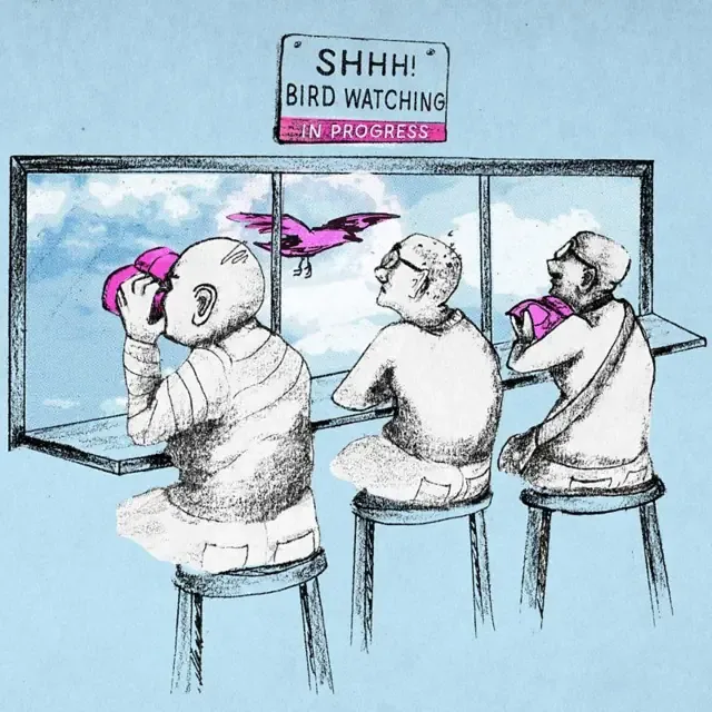 一幅手绘风格插图描绘三名长者坐在高脚椅上，透过一个大型观景窗观察户外的鸟类。左侧一人手持粉红色双筒望远镜，中间一人直接望向窗外，右侧一人则把粉红色望远镜放在身前。窗外天空以浅蓝色和白色笔触描绘，一只粉红色鸟类正从窗前飞过。观景窗上方悬挂一块告示牌，写有“SHHH! BIRD WATCHING IN PROGRESS”（嘘！正在观鸟中）。