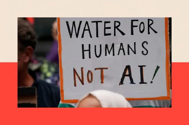 人们举着标语牌，反对政府在伦敦红砖巷重建计画中批准建造数据中心，标语牌上写着：“水是给人类用的，不是给人工智慧的”。