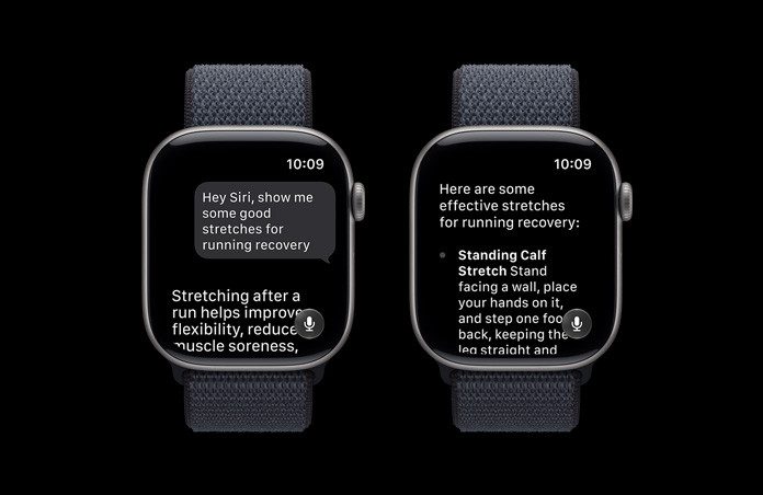 灰色 Apple Watch Series 11，显示关于训练的 Siri AI 对话