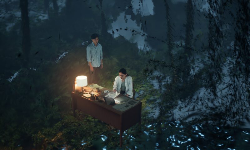 从山神、鹿群到云豹:陈芯宜走了20年,抵达《云在两千米》 11 莫子儀飾演的喪妻男子(左)與姚以緹飾演的過世妻子在VR《雲在兩千米》中跨越生死虛實交錯。(劇照提供/公視、行者影像)